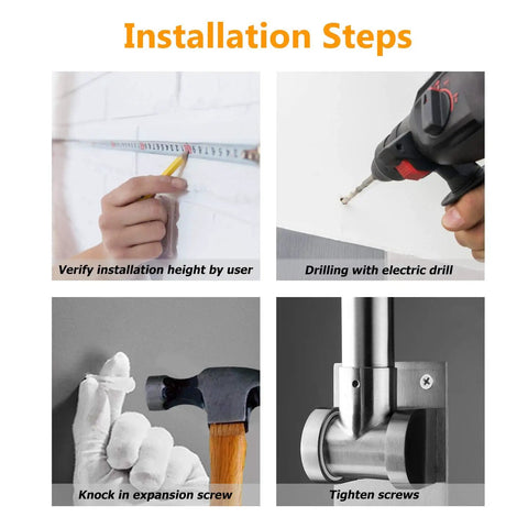 Installation steps for 29.5 Inch Stainless Steel Toilet Grab Bar For Bathroom Safety And Accessibility, showing measuring, drilling, and mounting.