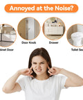 Woman annoyed by noise, highlighting cabinet door, doorknob, drawer, and toilet seat, suggesting use of Small Cabinet Door Pads With Sticky Self Adhesive Backing Three Eighths Inch Diameter Five Millimeter Thick Brown 100 Pack For Quiet Close And Scratch Protection Eco Friendly Easy To Install Felt Bumpers For Cabinet Doors.