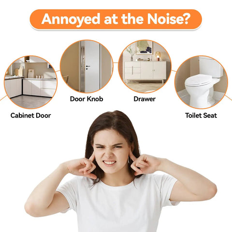Woman annoyed by noise, highlighting cabinet door, doorknob, drawer, and toilet seat, suggesting use of Small Cabinet Door Pads With Sticky Self Adhesive Backing Three Eighths Inch Diameter Five Millimeter Thick Brown 100 Pack For Quiet Close And Scratch Protection Eco Friendly Easy To Install Felt Bumpers For Cabinet Doors.