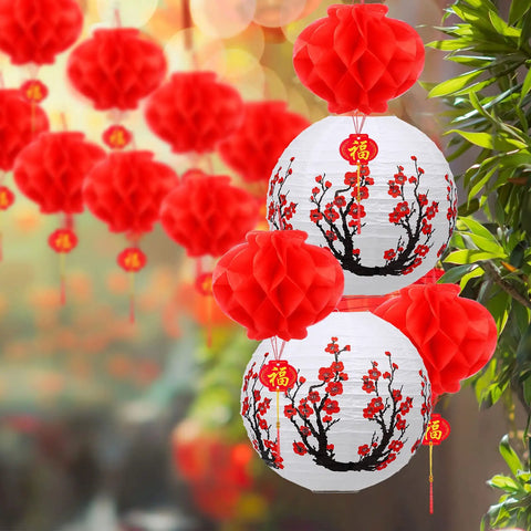 20 Piece Chinese Japanese Paper Lantern Set With 12 Inch Cherry Flower Lanterns And 7.87 Inch Red Lanterns for parties