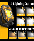 2 Pack Rechargeable LED Work Lights With 6000mAh Battery 16 Hours Run Time Cordless Magnetic Spotlight IPX5 Waterproof shown with lighting options and color temperatures