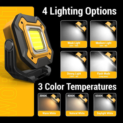 2 Pack Rechargeable LED Work Lights With 6000mAh Battery 16 Hours Run Time Cordless Magnetic Spotlight IPX5 Waterproof shown with lighting options and color temperatures