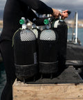 Scuba diver preparing tanks with Heavy Duty Handwheel Valve Knob For Scuba Tank Colored Gas Cylinder Regulator Accessory Durable Metal Control Wheel For Quick Install And Easy Maintenance Corrosion Resistant Diving Equipment Upgrade on dock.