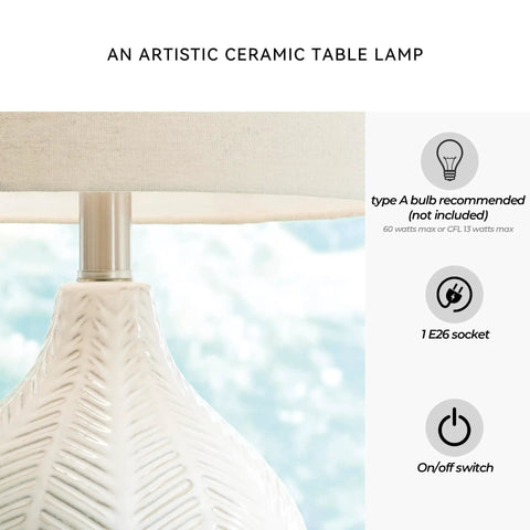 Casual Ceramic Table Lamp With Herringbone Texture And Transparent White Glaze, herringbone pattern and drum shade, partial view