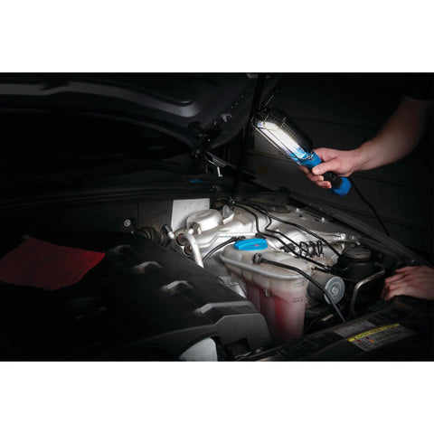 Person using 1000 Lumen LED Drop Light With Built In 120V Outlet under car hood for inspection