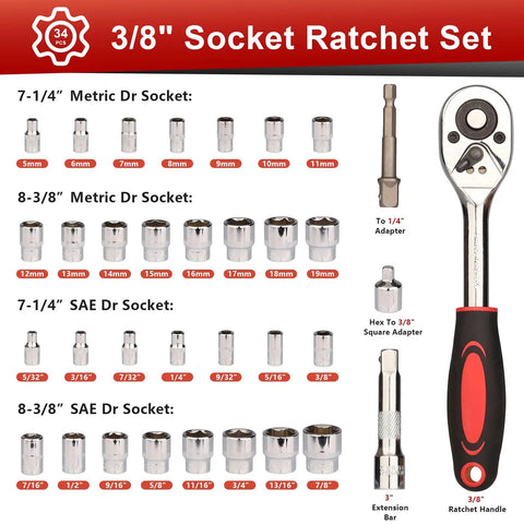 34 Piece 3/8 Inch Drive Socket Set With Ratchet Includes Metric And SAE Sockets Extension Bar And Heavy Duty Storage Case For Auto Repair And Home Projects, sockets laid out by size
