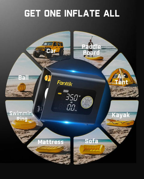 All-In-One Tire And SUP Inflator Pump With Deflation, 75 PSI, Easy Quick-Connect Hose, Dual-Mode For Car Tires And Paddle Boards, High-Flow Inflation And Precise Deflation on beach scenes