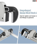 Close-up of Cr-Mo steel hook jaw on Aluminum Pipe Wrench Set For 10 Inch 14 Inch And 18 Inch Pipes With 1 Inch 2 Inch And Two And A Half Inch Jaw Capacity Lightweight Straight Plumbing Wrenches For Easy Grip And Durable Pipe Repairs.