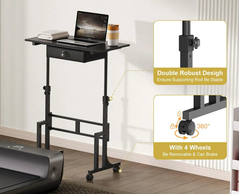Adjustable Height Sit Stand Desk On Wheels With Drawer shown with a laptop, highlighting double design and lockable wheels, near treadmill.