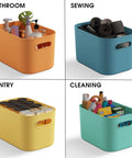 Four colorful plastic storage bins with handles containing bathroom items, sewing supplies, pantry goods, and cleaning products.