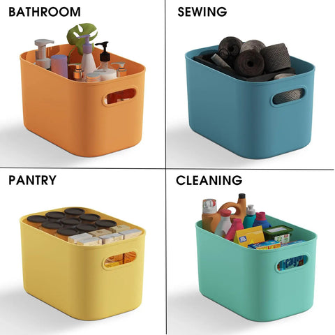 Four colorful plastic storage bins with handles containing bathroom items, sewing supplies, pantry goods, and cleaning products.