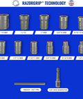 13 Piece Bolt Extractor Set Made In USA With Three Eighths Inch Drive, various sizes and hex adapter on blue background