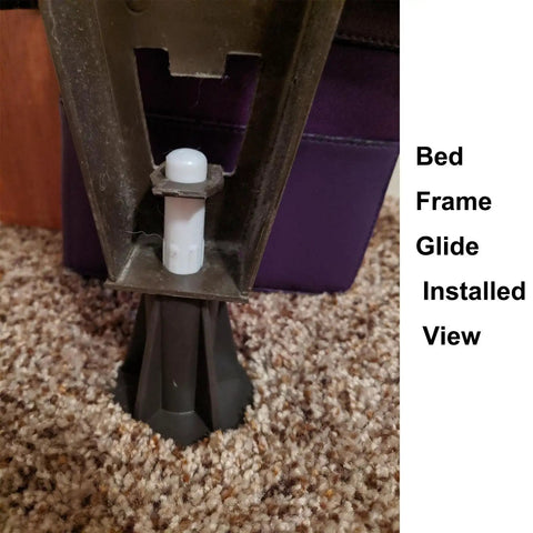 Steel Stem Bed Frame Feet Replacement Set Of 4 With Plastic Inserts to Stop Sliding and Replace Wheels, installed view