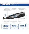 DREMEL 8250 cordless rotary tool with soft grip, variable speed control, highlighting features for versatility and performance.