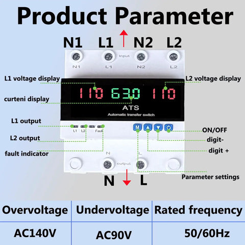 Dual Power Generator Transfer Switch 63A 110V with LED Display, showing voltage and settings parameters, Automatic ATS, L1/L2 switching