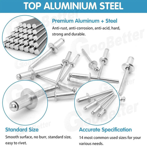 500 Piece Aluminum Blind Rivet Kit With 14 Size Assortment Pop Rivets Set showcasing premium aluminum steel rivets.