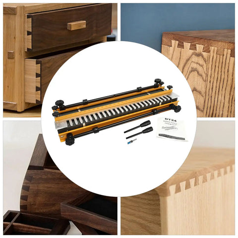 Built Tough 24 Inch Dovetail Jig Kit For Woodworking Pro Grade Precision Aligner shown with dovetail joints on wood drawers.