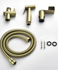 Handheld Bidet Sprayer For Toilet In SUS304 Stainless Steel Brushed Gold Kit With 47 Inch Hose Brass Seven Eighth Inch T Valve Includes Holder O Rings Teflon Tape For Diapers Pets And Feminine Hygiene Easy Install pieces on white background