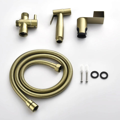 Handheld Bidet Sprayer For Toilet In SUS304 Stainless Steel Brushed Gold Kit With 47 Inch Hose Brass Seven Eighth Inch T Valve Includes Holder O Rings Teflon Tape For Diapers Pets And Feminine Hygiene Easy Install pieces on white background