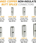 Non Insulated Butt Connectors Kit 380Pcs Marine Grade Tinned Copper Seamless Barrel Crimp Splice Terminals For 26 To 6 AWG Wires Full Gauge Range Durable Electrical Connectors For Marine Auto And DIY Wiring showing various sizes and specifications.