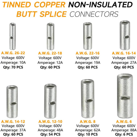 Non Insulated Butt Connectors Kit 380Pcs Marine Grade Tinned Copper Seamless Barrel Crimp Splice Terminals For 26 To 6 AWG Wires Full Gauge Range Durable Electrical Connectors For Marine Auto And DIY Wiring showing various sizes and specifications.
