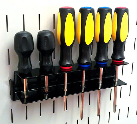Slotted Tool Board Workstation Accessory Kit For Pegboard Black Secure Hook Engagement Rust Resistant Baked On Finish Durable Accessories Designed For Slotted Tool Boards with screwdrivers on black holder