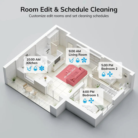 Top view of home layout with scheduled cleaning zones for A12 Pro Robot Vacuum And Mop Combo With Self Emptying Station For 60 Days LiDAR.