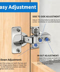 100 Pack Self Closing Concealed Cabinet Hinges For One Half Inch Overlay Face Frame Cabinets 105 Degree Stainless Steel Soft Close With Mounting Screws And Repair Plate shown with adjustment guide