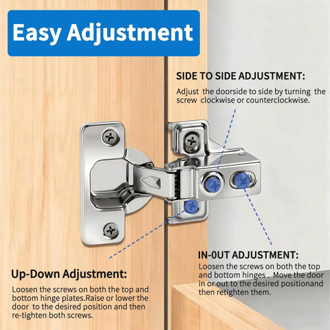 100 Pack Self Closing Concealed Cabinet Hinges For One Half Inch Overlay Face Frame Cabinets 105 Degree Stainless Steel Soft Close With Mounting Screws And Repair Plate shown with adjustment guide