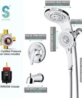 8 Spray Bathtub And Shower Faucet Combo With Dual Shower Heads And Slick Magnetic Handheld 2 In 1 Tub And Shower Trim Kit Chrome Finish Valve Included Easy Upgrade For Modern Bathrooms, showing the chrome dual shower heads, valve, and dimensions.