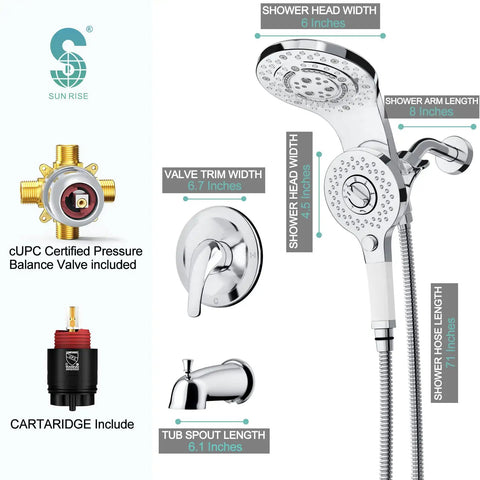 8 Spray Bathtub And Shower Faucet Combo With Dual Shower Heads And Slick Magnetic Handheld 2 In 1 Tub And Shower Trim Kit Chrome Finish Valve Included Easy Upgrade For Modern Bathrooms, showing the chrome dual shower heads, valve, and dimensions.