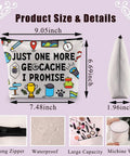 Just One More Geocache I Promise Makeup Bag with size details and features, waterproof canvas, strong zipper, and large capacity.