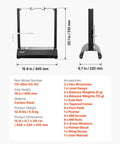 Motorcycle Wheel Balancer and Truing Stand with Adjustable Centering Cones and Truing Pointer for Sport and Dirt Bikes, 16-inch axle height, carbon steel, shown from front and side views.