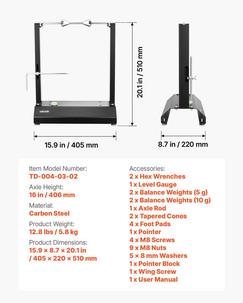 Motorcycle Wheel Balancer and Truing Stand with Adjustable Centering Cones and Truing Pointer for Sport and Dirt Bikes, 16-inch axle height, carbon steel, shown from front and side views.