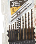 20-Piece Black Oxide Drill Bit Set For Wood Metal And Plastic With 135-Degree Split Point, High Speed Steel Bits, Tapered Web For Durability, Ideal For DIY Projects And Pro Jobs By DeWalt in transparent box showing various drill bit sizes.