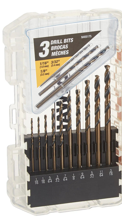 20-Piece Black Oxide Drill Bit Set For Wood Metal And Plastic With 135-Degree Split Point, High Speed Steel Bits, Tapered Web For Durability, Ideal For DIY Projects And Pro Jobs By DeWalt in transparent box showing various drill bit sizes.