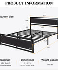 Kick Back On This Heavy Duty Queen Bed Frame With Modern Headboard And Black Steel Platform dimensions and weight capacity shown.
