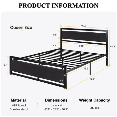 Kick Back On This Heavy Duty Queen Bed Frame With Modern Headboard And Black Steel Platform dimensions and weight capacity shown.