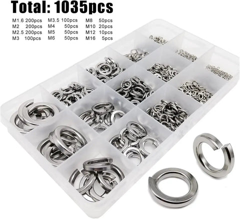Beefed Up Stainless Steel Spring Lock Washer Kit With 1035 Pcs Assortment For M1.6 To M16 Sizes, 304 A2 70 Alloy, Prevents Loosening In Machinery Automotive Bikes And DIY Projects. Assorted spring lock washers in organizer box, M1.6 to M16