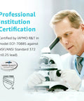 Professional lab technician examining microscope for water filter certification at IAPMO R&T