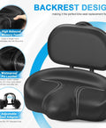 Oversized Noseless Bike Seat With Backrest 13 By 9 Inch Ultra Wide Saddle For Ebikes Tricycles And Stationary Bike Cushions Extra Thick Foam For Hip Support Noseless Design For All Day Comfort, black PU leather with memory foam and adjustable seat adapter
