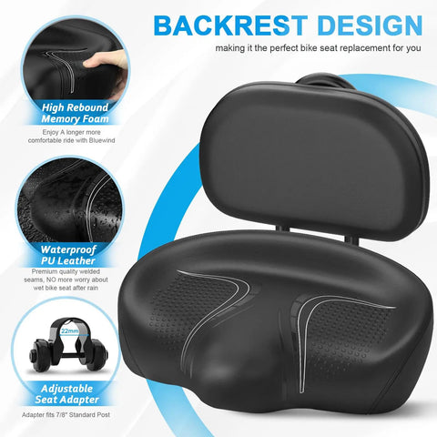 Oversized Noseless Bike Seat With Backrest 13 By 9 Inch Ultra Wide Saddle For Ebikes Tricycles And Stationary Bike Cushions Extra Thick Foam For Hip Support Noseless Design For All Day Comfort, black PU leather with memory foam and adjustable seat adapter