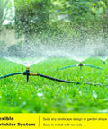 Above Ground Garden Sprinkler System With Metal Adjustable Heads, 360 Degree Coverage in lawn setting, hose visible