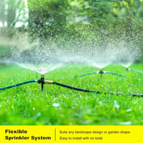 Above Ground Garden Sprinkler System With Metal Adjustable Heads, 360 Degree Coverage in lawn setting, hose visible