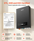 27kW Tankless Electric Water Heater 240V with certification details and safety features displayed.