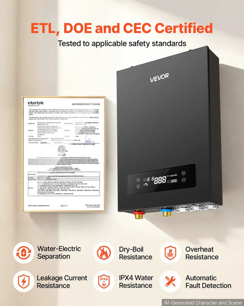 27kW Tankless Electric Water Heater 240V with certification details and safety features displayed.