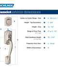 Camelot Front Entry Handleset With Georgian Knob Satin Nickel Finish dimensions diagram for exterior door hardware installation.