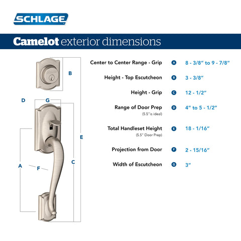 Camelot Front Entry Handleset With Georgian Knob Satin Nickel Finish dimensions diagram for exterior door hardware installation.