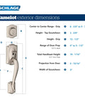 Camelot Front Entry Handleset With Accent Lever In Aged Bronze Keyed Deadbolt dimensions and specifications chart.