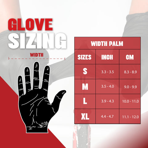Glove sizing chart showing palm width for Top Notch Black Synthetic Vinyl Exam Gloves 5 Mil Thick Powder Free Latex Free.